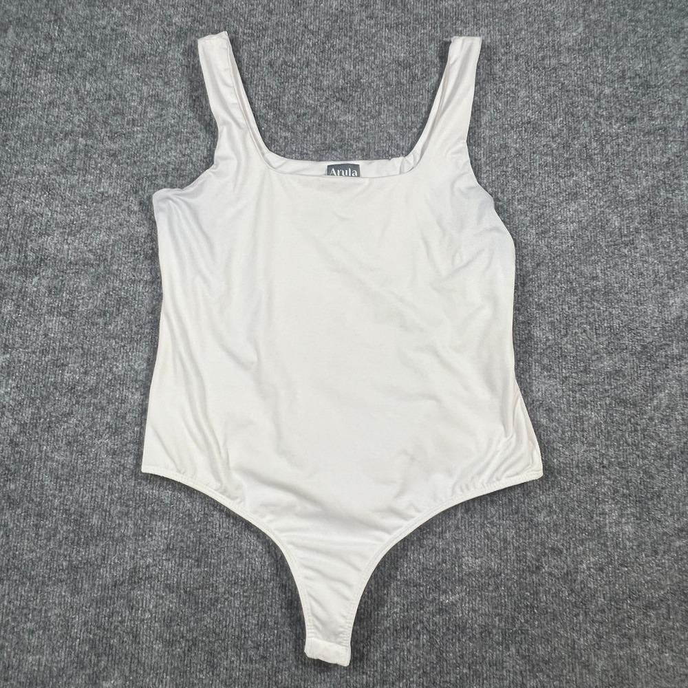Arula Thong Cut Bodysuit One Piece Womens Beige Stretch Wide Straps Square Neck